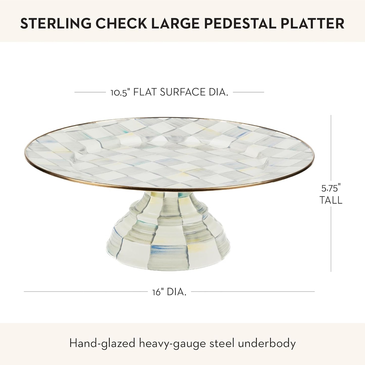 MACKENZIE-CHILDS Enamel Pedestal Platter, Round Cake Stand, Large, Black-and-White Courtly Check