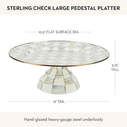 MACKENZIE-CHILDS Enamel Pedestal Platter, Round Cake Stand, Large, Black-and-White Courtly Check