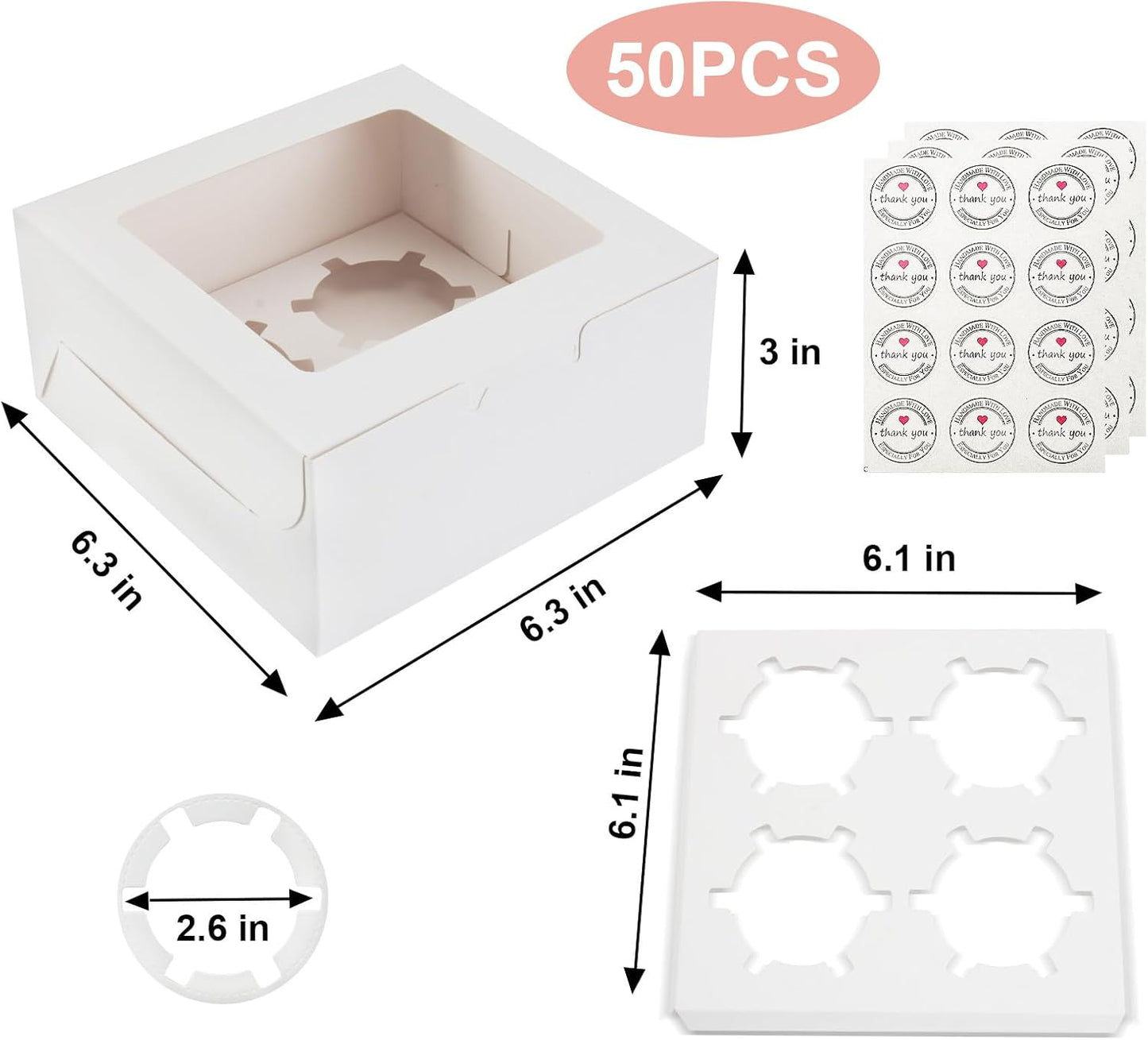 OAMCEG 50 PCS Cupcake Boxes with Window, 6x6x3 Inch Cookie Boxes, Bakery Treat Boxes for Pastry, Dessert, Chocolate Strawberries, Cupcake Containers, Gift Giving with Stickers & Twine （Brown）