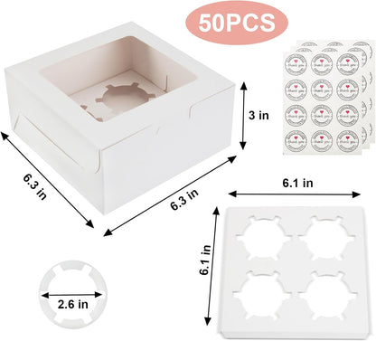 OAMCEG 50 PCS Cupcake Boxes with Window, 6x6x3 Inch Cookie Boxes, Bakery Treat Boxes for Pastry, Dessert, Chocolate Strawberries, Cupcake Containers, Gift Giving with Stickers & Twine （Brown）