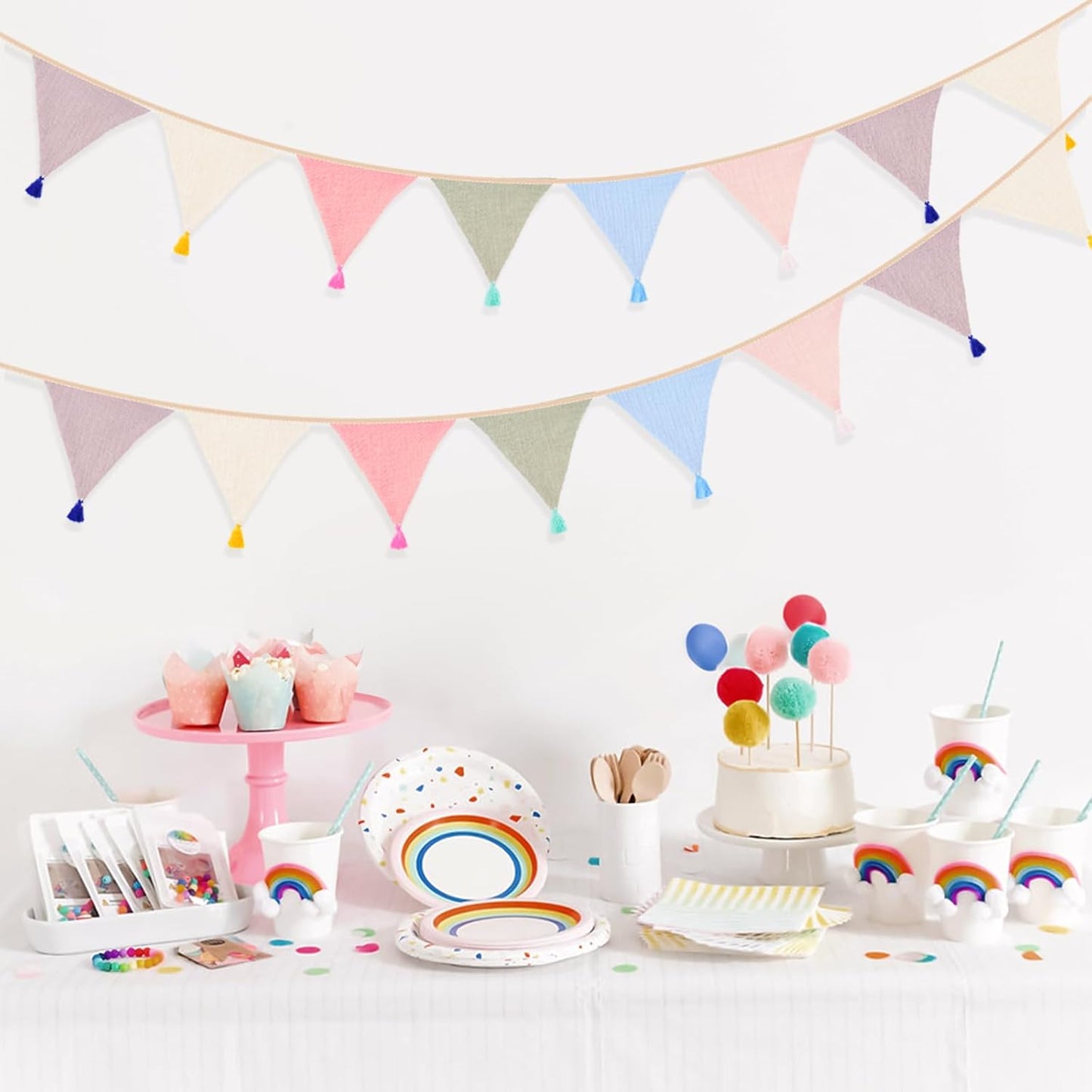 G2PLUS Cotton Fabric Bunting Banner, 9Ft Green Triangle Pennant Banner Flag, 12pcs Double-Sided Bunting Garland with Tassels for Birthday, Nursery, Baby Shower, Classroom Hanging Decor
