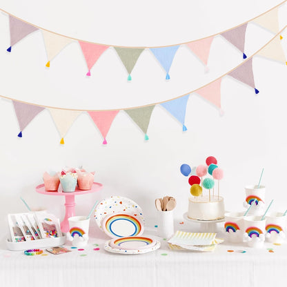 G2PLUS Cotton Fabric Bunting Banner, 9Ft Green Triangle Pennant Banner Flag, 12pcs Double-Sided Bunting Garland with Tassels for Birthday, Nursery, Baby Shower, Classroom Hanging Decor