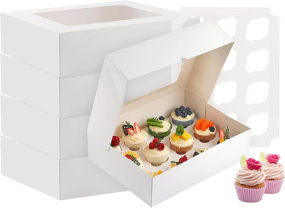 Svalor Cupcake Boxes, 6 Pack Disposable Cupcake Containers, Food Grade Cupcake Carrier 12 Count with Window and Inserts, Cupcake Transport Holders Bulk for Muffins Cookies Treats Dessert（White）
