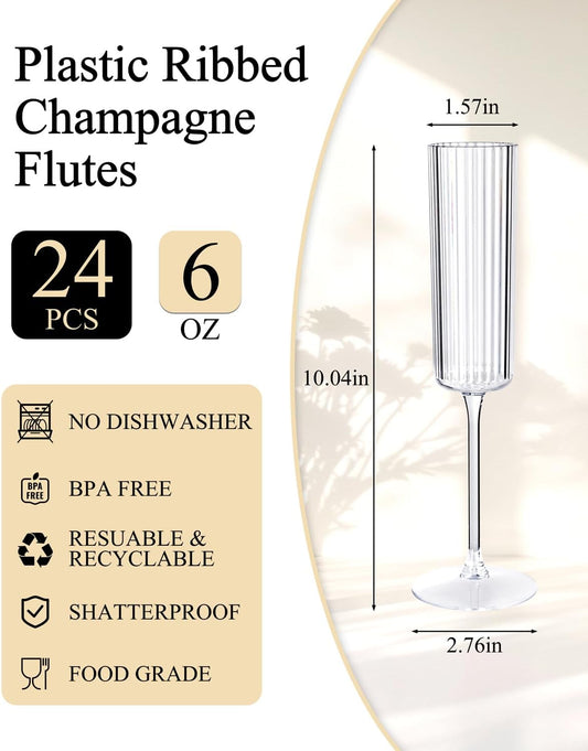 Ciaell 24 Pack Plastic Champagne Flutes - 6oz Ribbed Disposable Champagne Glasses - Clear Vintage Mimosa Glasses with Long Stem, Elegant for Weddings, Birthdays, Party