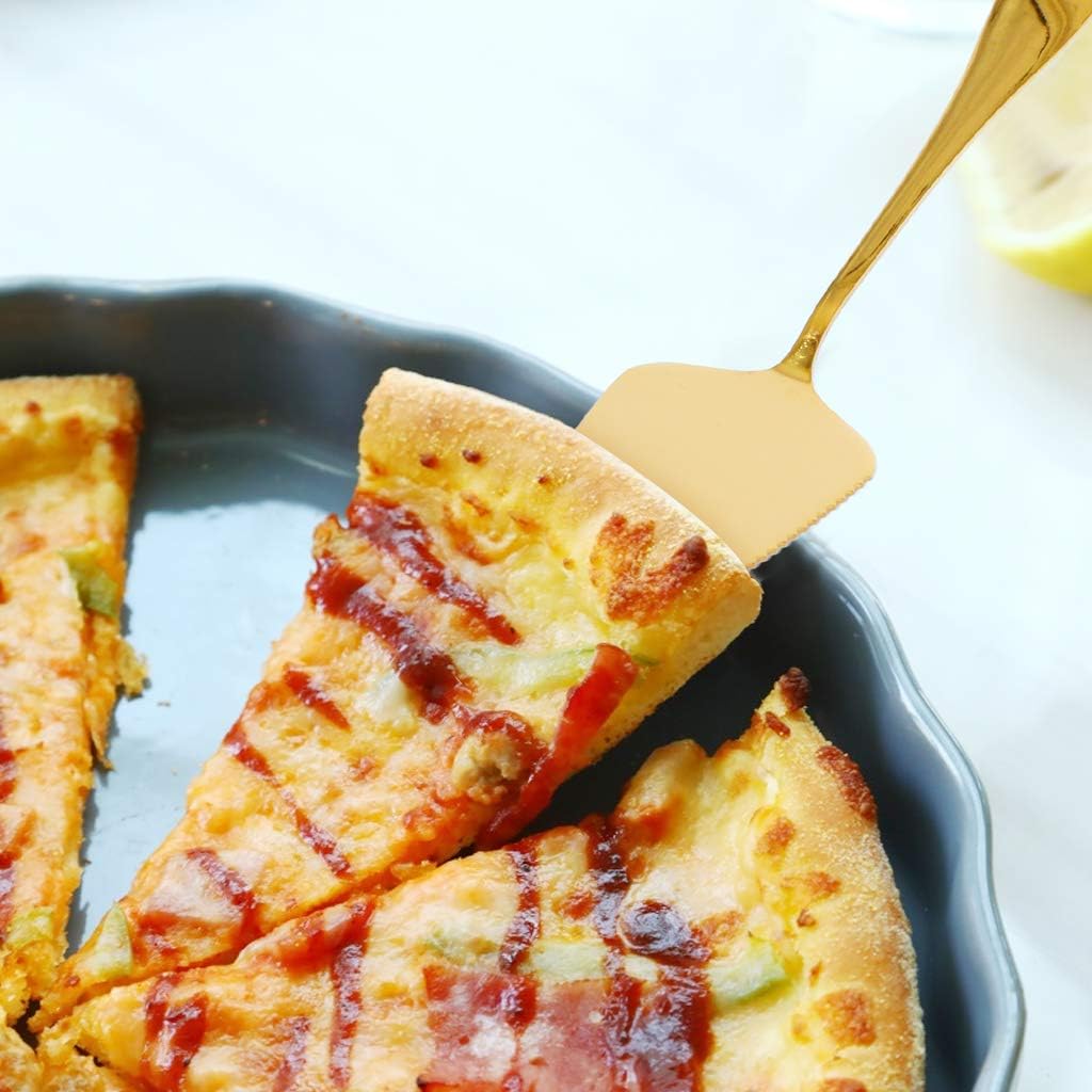 Stainless Steel Cake Server Pack of 10 Pie Holder Transfer Triangular Spade Spatula Serrated Edge for Pizza Cake Baking Safe in Dishwasher (Gold)
