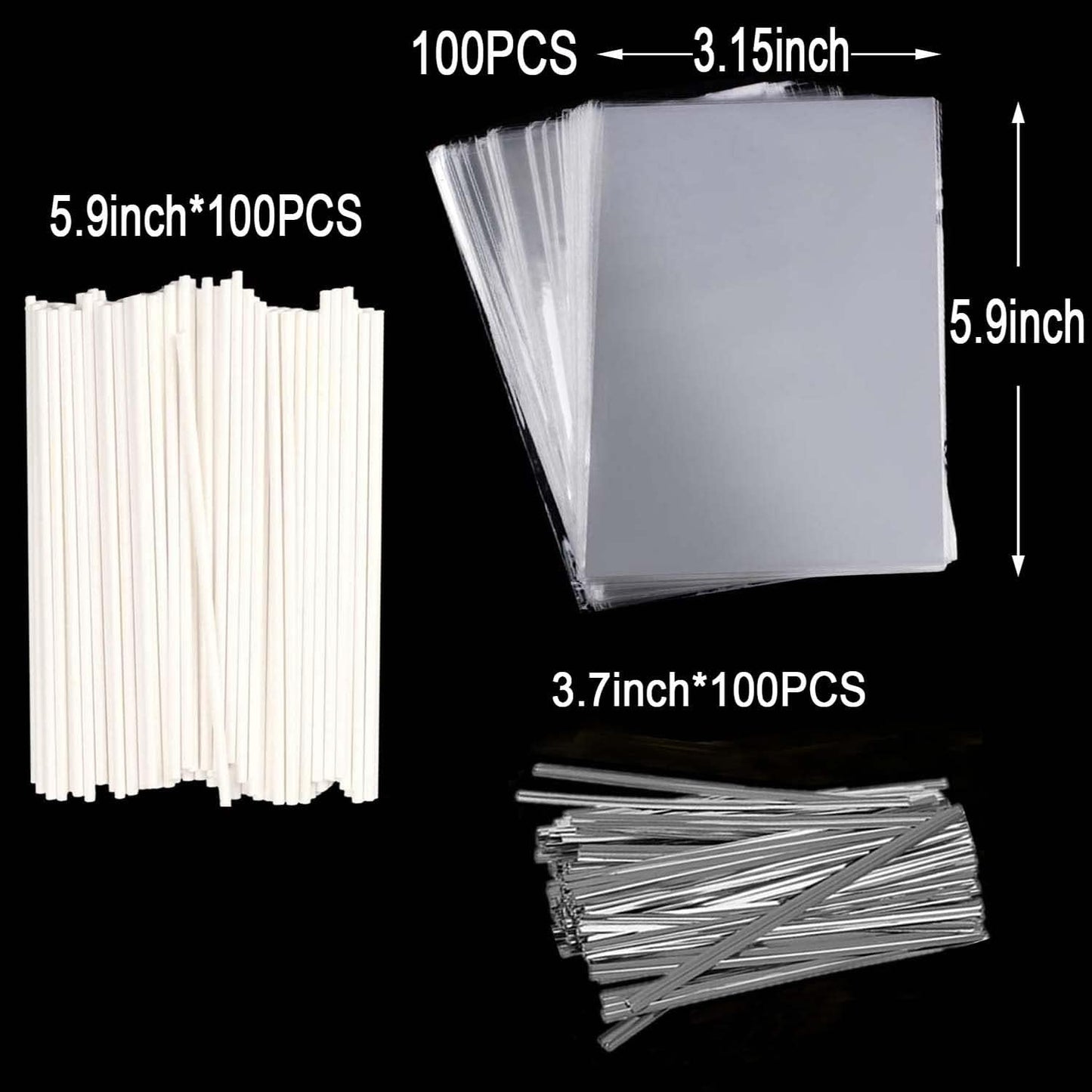 300PCS Lollipop Cake Pop Treat Bag Set Including 100pcs Parcel Bags, Papery Treat Sticks, Gold Metallic Twist Ties for Making Candies, Chocolates and Cookies