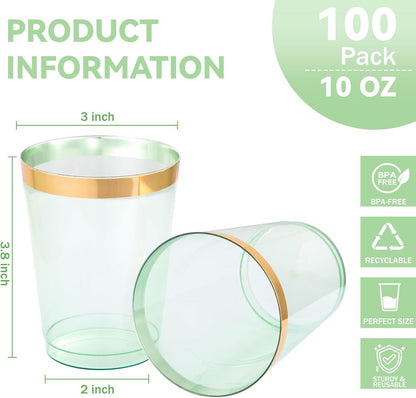 supernal 100pcs Gold Plastic Cups 12 oz, Glitter Clear Disposable Cups Heavy Duty, Fancy Plastic Cocktail Tumblers for Wedding, Parties Champagne & Mixed Drinks