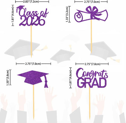 2026 Graduation Theme Cupcake Toppers Glitter Class of 2026 Graduation Cap Diploma Cupcake Picks - Set of 24 (Gold)