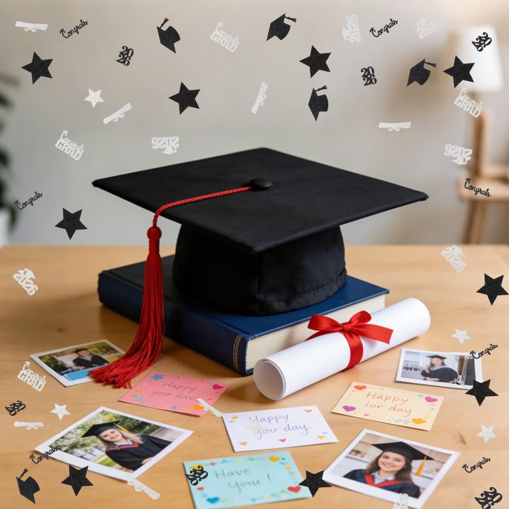 Black Gold Graduation Confetti Class of 2026 Black Graduation Cap, 200Pcs Glitter Stars Confetti Sprinkles, Table Congrats Grad Confetti for Graduation Party Table Decorations