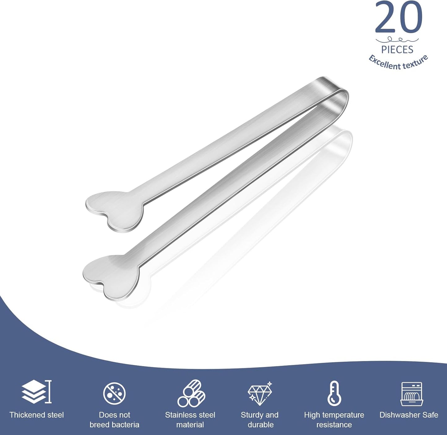 20-Packs Mini Serving Tongs, Stainless Steel Small Appetizers Tongs, Metal Kitchen Tongs, Ice Sugar Tongs for Serving Food (5inch，Silver)