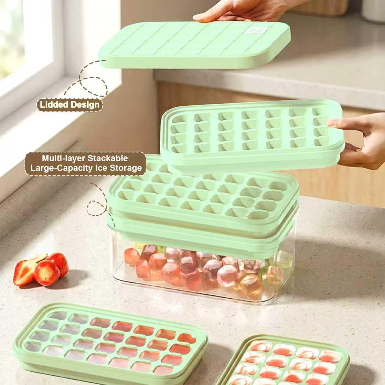 Compact Ice Cube Tray with Lid and Bin, Mini Press-Type Ice Cube Maker for Freezer, Space-Saving Small Ice Bucket with Tongs for RV, Office, Mini Ice Cube Trays & Water Bottles, BPA-Free (Green)