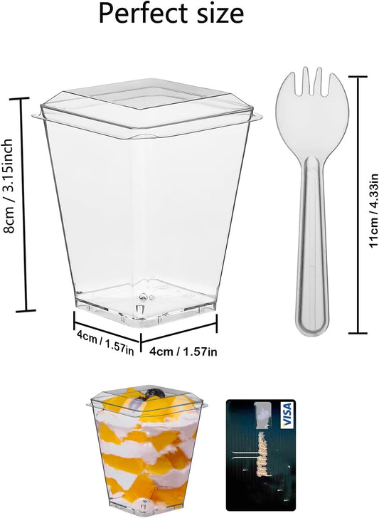 100 Pack Clear Dessert Cups with Lids and Spoons, 5.4oz Mini Dessert Cups Reusable Square Parfait Cup for Party Appertizer, Christmas