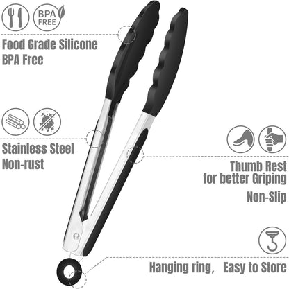Hotec Mini Silicone Kitchen Tongs for Cooking - 7-Inch Small Serving Tongs with Silicone Tips, Set of 3 (Blue)