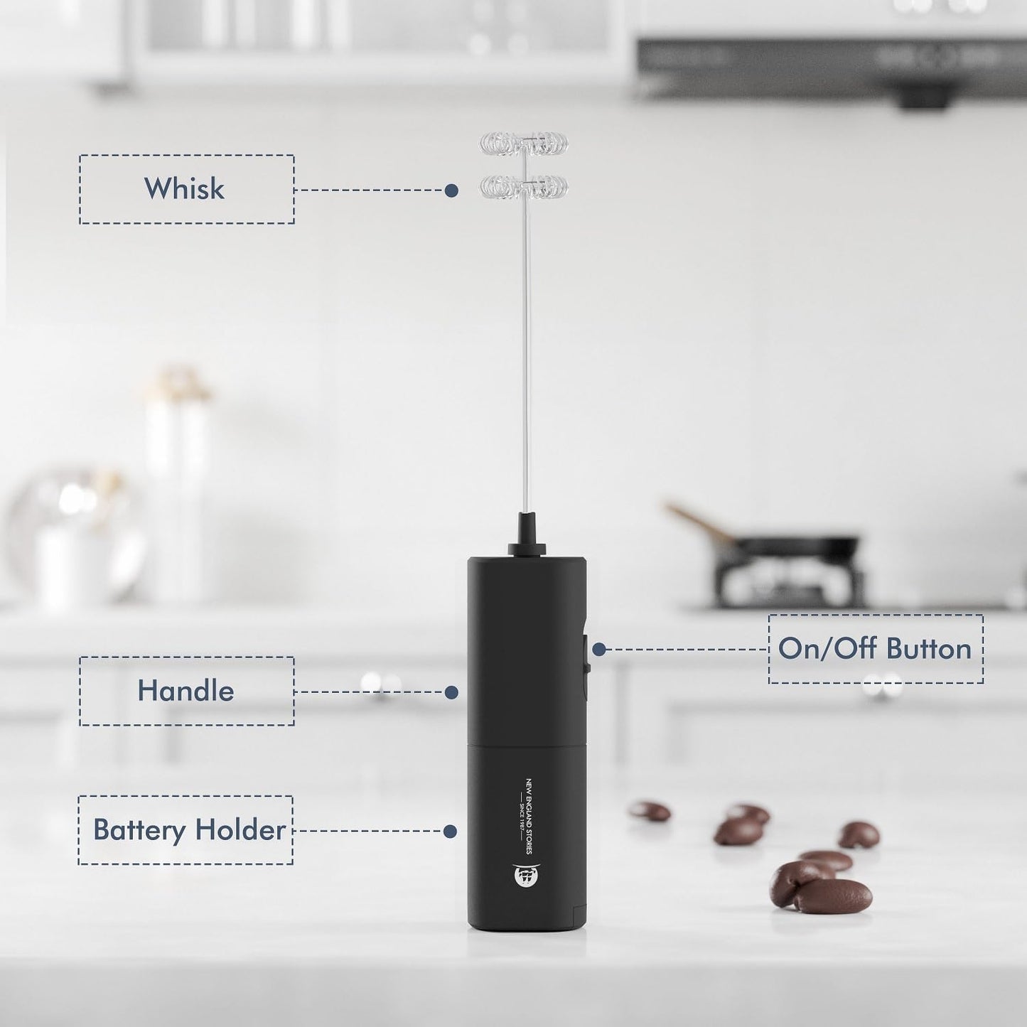 Powerful Milk Frother Wand - Mini Handheld Milk Frother with Stainless Steel Whisk - Battery-Powered Drink Mixer for Coffee, Lattes, Cappuccinos, Matcha - Coffee Enthusiasts Gift - Black