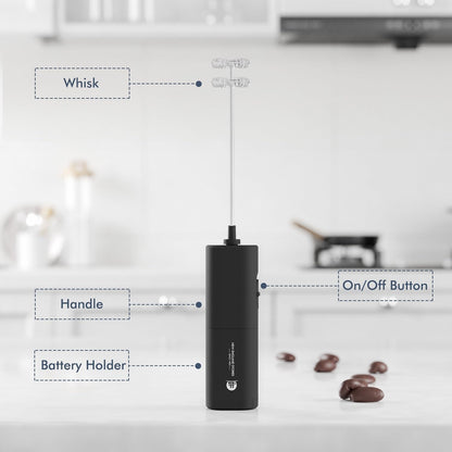 Powerful Milk Frother Wand - Mini Handheld Milk Frother with Stainless Steel Whisk - Battery-Powered Drink Mixer for Coffee, Lattes, Cappuccinos, Matcha - Coffee Enthusiasts Gift - Black