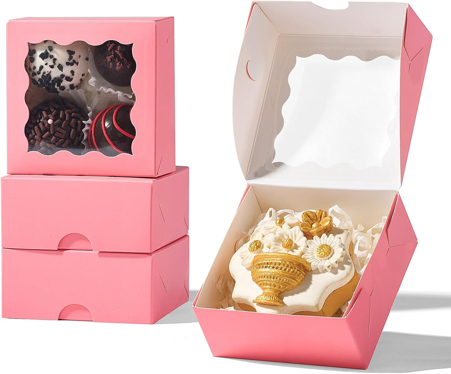 RomanticBaking 3 ¼" x 3 ¼" x 1 ½" 50PCS Chocolate Truffle Boxes for 4，Cookies Boxes Mini Bakery Boxes with Window for Brownie,Soap,Donut