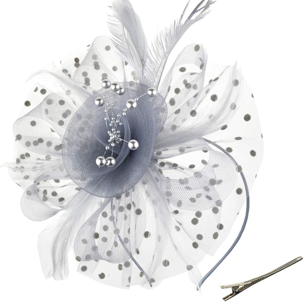 DRESHOW Fascinators Hat Flower Mesh Ribbons Feathers on a Headband and a Clip Tea Party Headwear for Girls and Women - Colors A