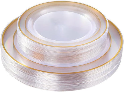 I00000 102 Pieces Gold Plastic Plates, Disposable Party Plates White Gold Rim, 51 Disposable Gold Dinner Plates 10.25 Inch and 51 Disposable Dessert Appetizer Elegant Fancy Wedding Plates 7.5 Inch