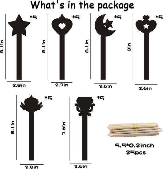 WATINC 30Pcs Fairy Stick Scratch Paper Art Set for Girls Birthday Party, Colorful DIY Craft Kit for Princess Party Favors, Fairy Wand Supplies, Fun Home Activities, Birthday Gifts for Kids
