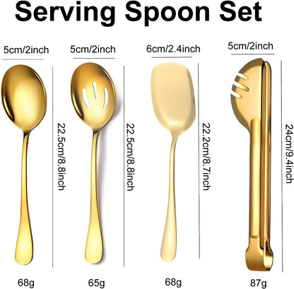 4 Pcs Large Serving Spoon Set, Silver Stainless Steel Kitchen Tongs Slotted Spoons Shovels for Buffet Parties Wedding Dinner