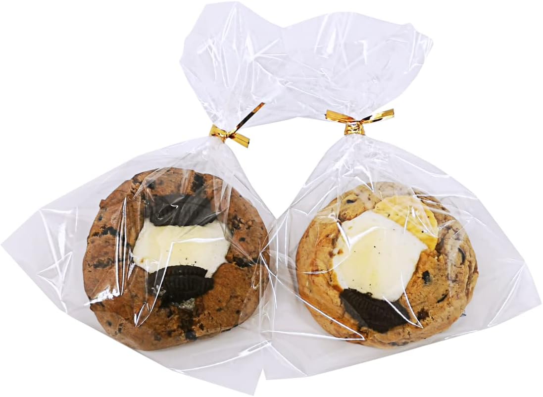 Wowfit 100 CT 6x10 Inch Clear Flat Cellophane Treat Bags with 6” Gold Twist Ties, Cello Packaging for Gift Wrapping, Decorations, and Food Storage