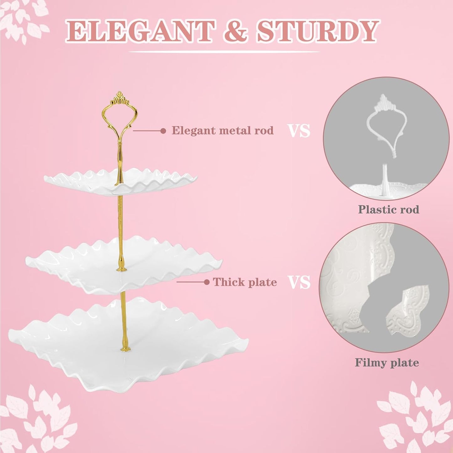 5 Pcs Dessert Table Display Set, White Plastic 2 Pcs Round 3 Tier Cupcake Stand Cup Cake Tower Stand with Metal Rod & 3 Pcs Serving Tray for Baby Shower, Tea Party, Wedding, Birthday Party