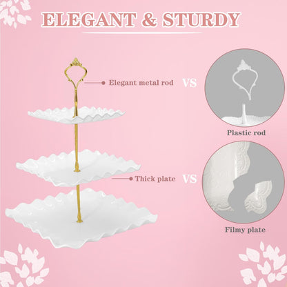 5 Pcs Dessert Table Display Set, White Plastic 2 Pcs Round 3 Tier Cupcake Stand Cup Cake Tower Stand with Metal Rod & 3 Pcs Serving Tray for Baby Shower, Tea Party, Wedding, Birthday Party