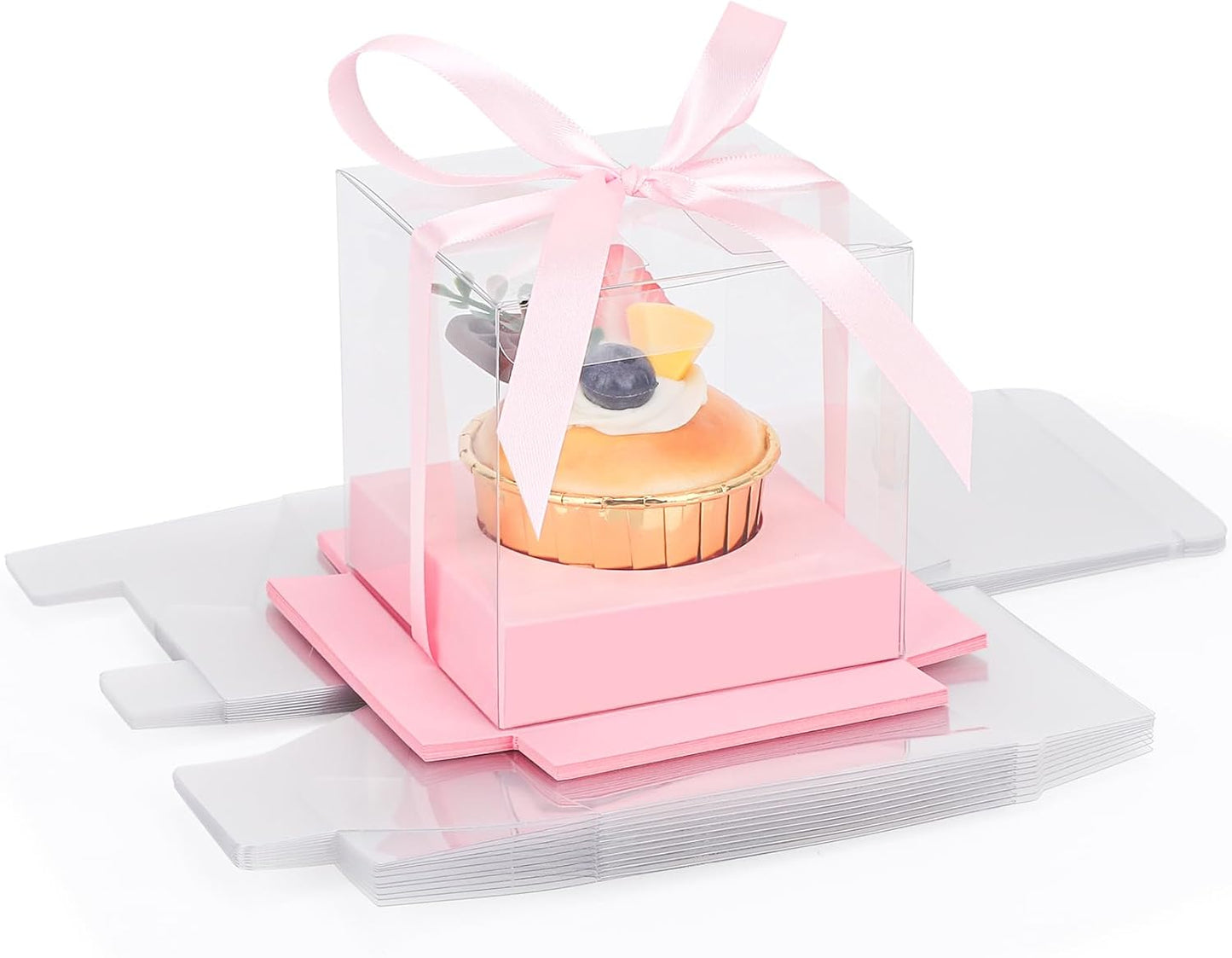EUSOAR Individual Cupcake Holder, 50pcs 3.5 Inch Plastic Black Cupcake Containers with Lids, Single Transparent Display Clear Cupcake Carrier with Ribbon and Inserts for Wedding Party Favor