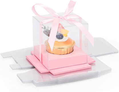 EUSOAR Individual Cupcake Holder, 50pcs 3.5 Inch Plastic Black Cupcake Containers with Lids, Single Transparent Display Clear Cupcake Carrier with Ribbon and Inserts for Wedding Party Favor