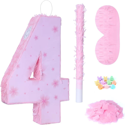 Pink Number 4 Piñata with Pinata Stick & Blindfold for Kids Girls Boys 4th Birthday Party Decorations Carnival Games with Hair Claw Clip Gift (Number 4)