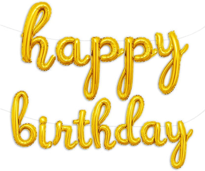 Gold Happy Birthday Balloons Banner | Script/Cursive Gold Letter Balloon Sign for Birthday Party Decor/Decoration | Foil Mylar Happy Birthday Banner
