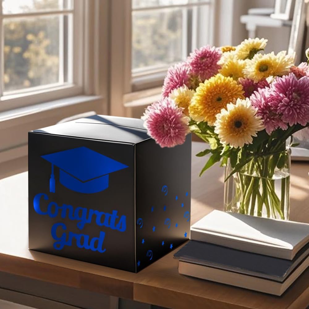 Graduation Card Box Holder, Congrats Grad Foldable Cardboard Decorations Box for Graduation Party Decoration and Grad Parties (Black)