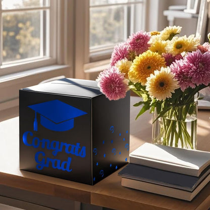 Graduation Card Box Holder, Congrats Grad Foldable Cardboard Decorations Box for Graduation Party Decoration and Grad Parties (Black)