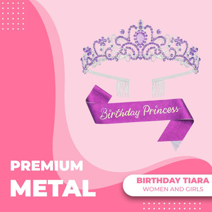 Birthday Tiara Crown with Sash for Women, Headband Hair Accessories for Wedding Party Costume