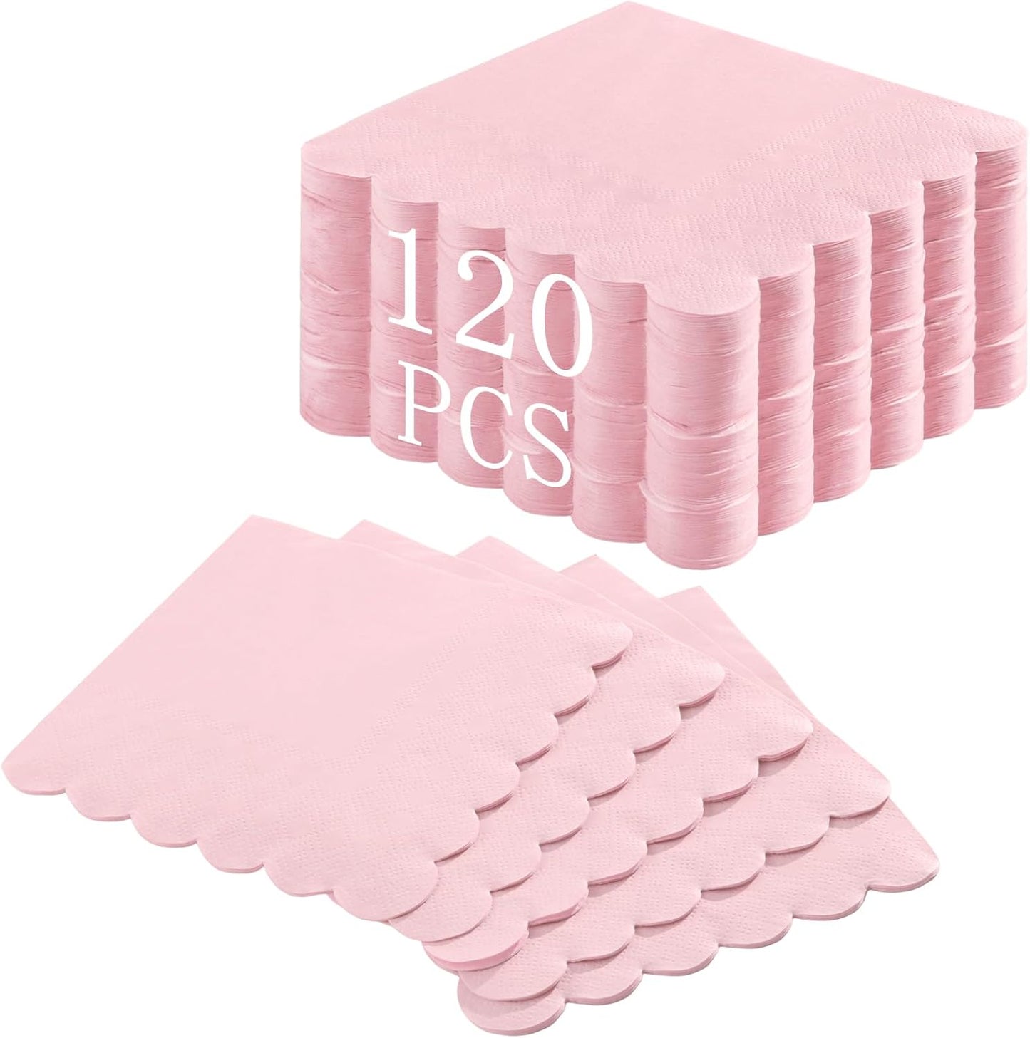 NatNarr 120 Pcs Cocktail Napkins Pink Mothers Day Paper Napkins Light Pink Dessert Beverage Napkin Cute Scalloped Party Napkin for Baby Bridal Shower, Birthday, 5 x 5 Inch