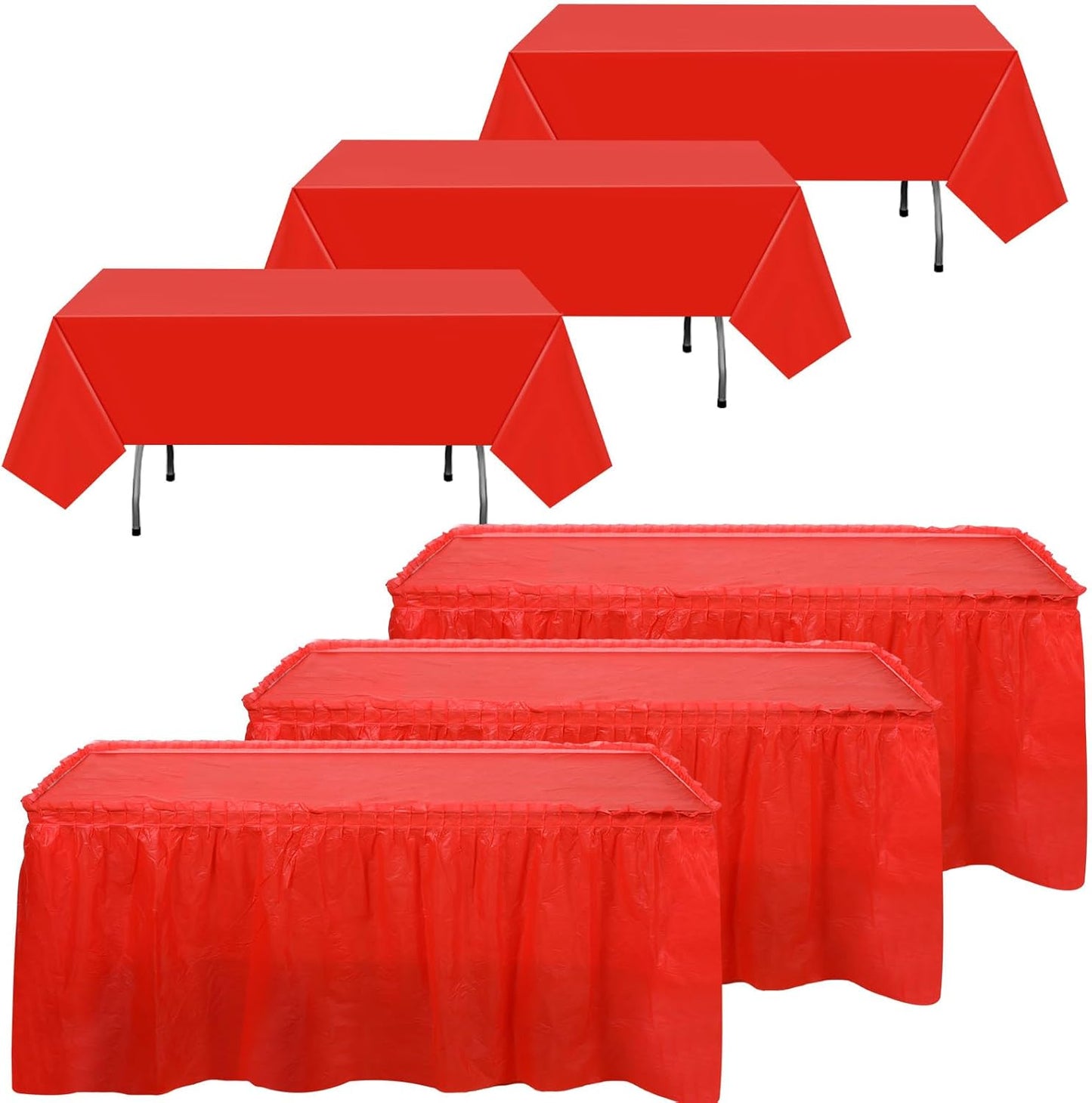 Oudain 6 Pcs Plastic Table Skirts and Stainproof Table Cloths 54 x 108 in Plastic Ruffle Tablecloth 168 x 29 Inches Disposable for Wedding Baby Shower Valentine Spring Easter Party(White)