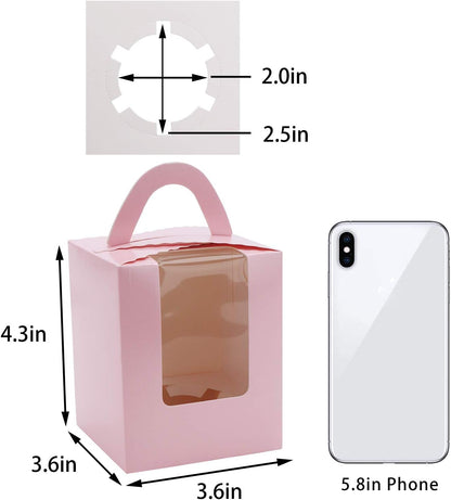 EUSOAR Gold Cupcake Boxes, 25pcs 3.6"x 3.6"x 4.3" Single Cupcake Carrier with Window Insert and Handle, Kraft Pastry Containers, Muffins Cupcake Carriers for Bakery Wrapping Party Favor Packing