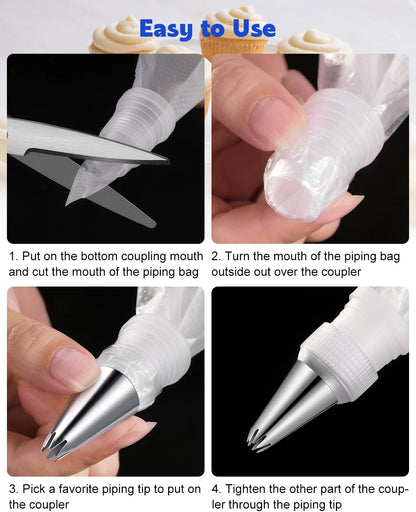 176PCS Piping Bags and Tips Set, Includes 150pcs 12 Inch Anti Burst Piping Bags, 1 Reusable Pastry Bags, 12 Piping Tips, 8 Icing Bags Ties, 3 Cake Scrapers and 2 Couplers