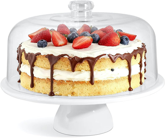 12 Inch Porcelain Cake Stand with Dome, White Round Dessert Stand for Cakes, Cupcakes & Pastries – Elegant Covered Cake Display for Birthday Parties, Weddings & Baby Showers