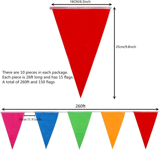 260ft 150pcs Flags Colorful Pennant Banner Flags Multicolor Bunting String Triangle Flags, Garland for Grand Opening Carnival, Theme Birthday Party Decoration, Outdoor Events Classroom Decor