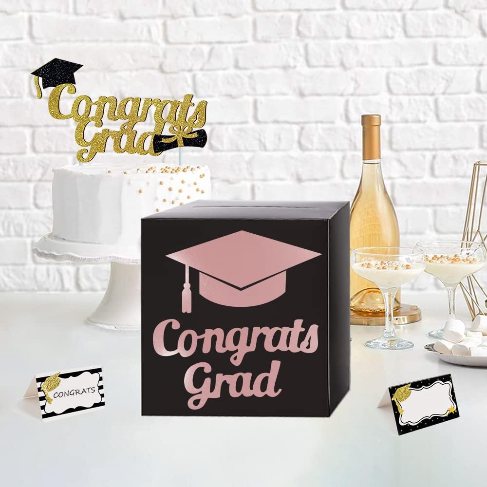 Graduation Card Box Holder, Congrats Grad Foldable Cardboard Decorations Box for Graduation Party Decoration and Grad Parties (Black)