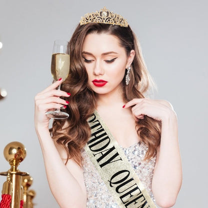 COCIDE Birthday Queen Sash & Rhinestone Tiara Set Gold Happy Birthday Crowns for Women Party Decoration Kit Rhinestone Headband for Women Glitter Crystal Hair Accessories for Cake Topper