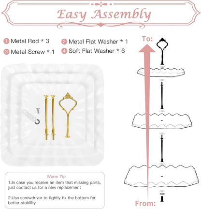 PinCute 5 Pcs Dessert Table Display Set - 2 X Cupcake Stand Holder/Cup Cake Tier Tower & 3 X Serving Tray Combo for Tea Party, Birthday, Baby Shower (Wave Square)