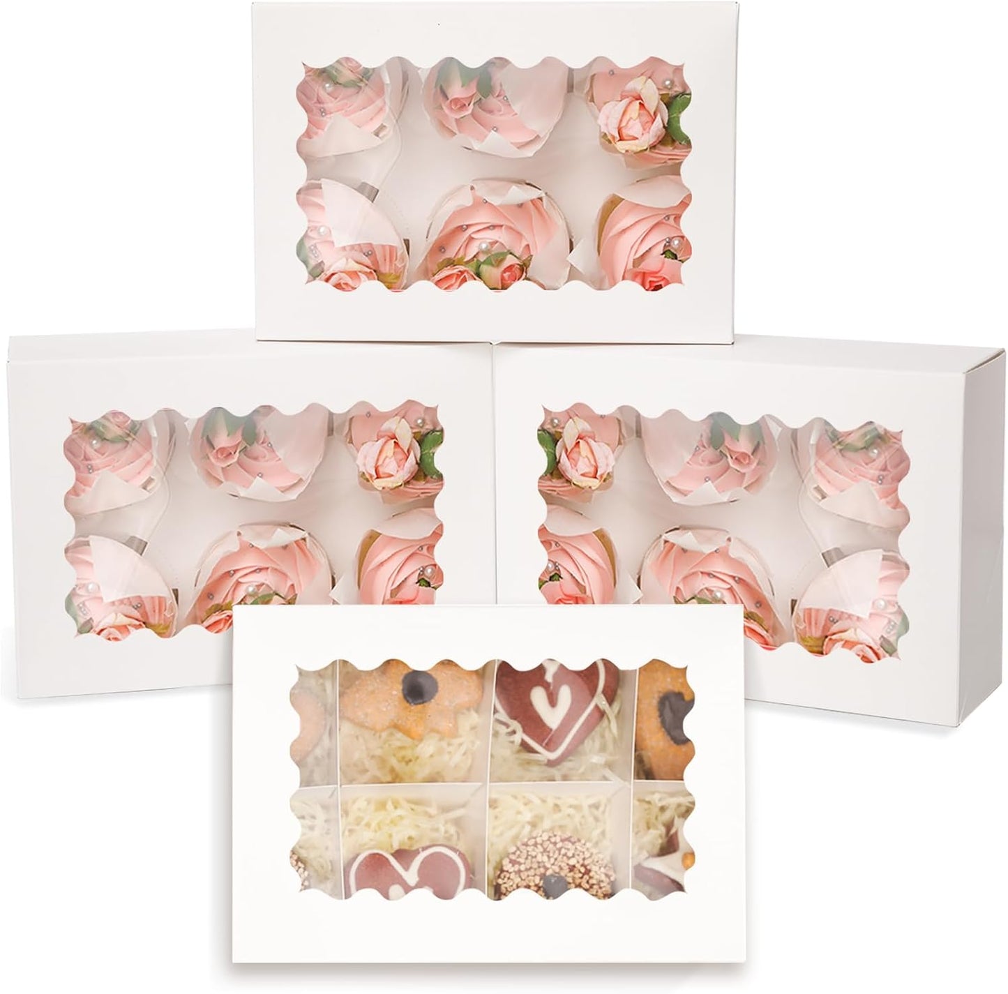 qiqee White 6 Cupcake Boxes with Window Auto-pop up 30 Packs Cupcake Box 9.4"x6.1"x3.3" Bakery Boxes For Cupcakes Carrier, Cupcake Containers