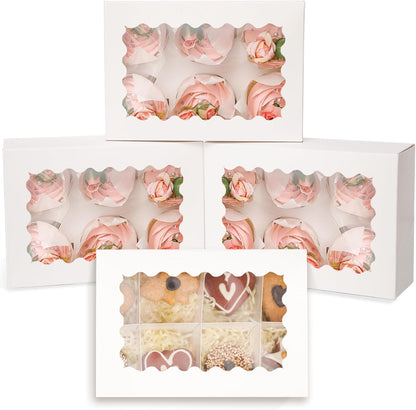 qiqee White 6 Cupcake Boxes with Window Auto-pop up 30 Packs Cupcake Box 9.4"x6.1"x3.3" Bakery Boxes For Cupcakes Carrier, Cupcake Containers