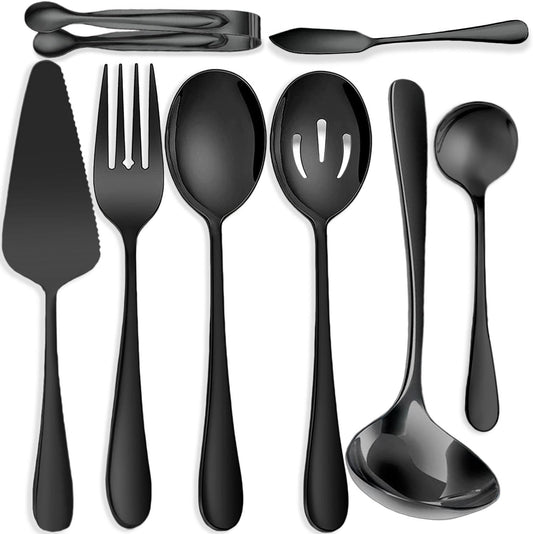 8 PCS Stainless Steel Serving Utensils, Large Serving Spoons Slotted Spoons, Forks, Ice Suger Tongs, Cake Server, Soup Ladle, Metal Utensils Set Great for Buffet Catering Banquet Party, Gold