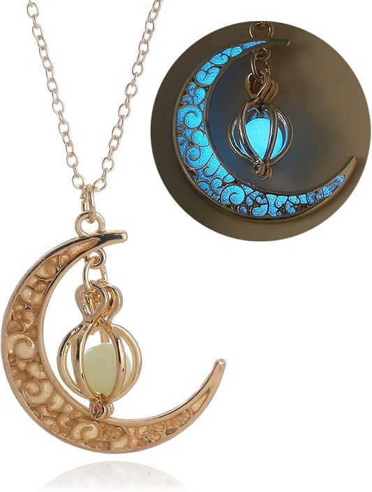 EEQQBZ Glowing crescent moon fairy necklace for women or men - Enchanting luminous moon charm - Moon magical glow jewelry in the dark necklaces
