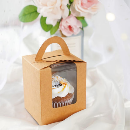 EUSOAR Gold Cupcake Boxes, 25pcs 3.6"x 3.6"x 4.3" Single Cupcake Carrier with Window Insert and Handle, Kraft Pastry Containers, Muffins Cupcake Carriers for Bakery Wrapping Party Favor Packing