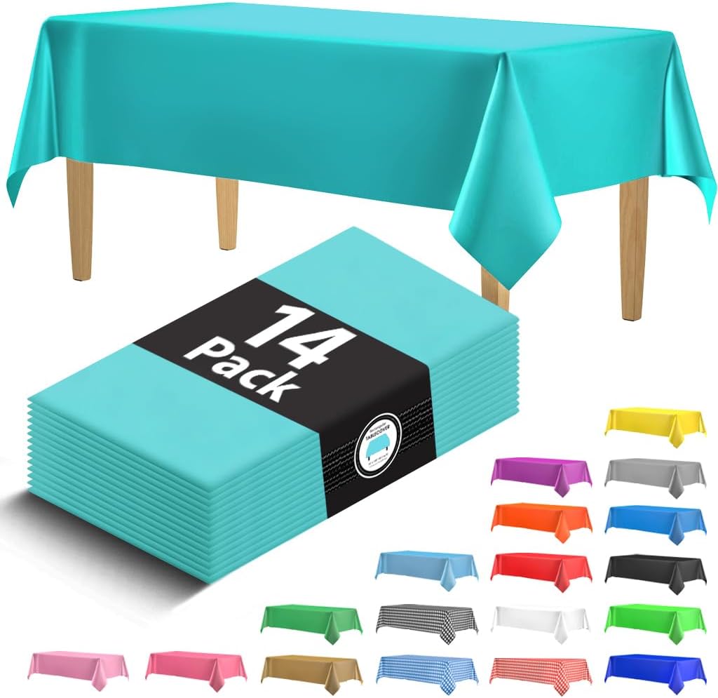 14 Pack Black 54 x 108 in. Rectangle Disposable Plastic Tablecloths - Smooth Decorative Covers for Parties, Weddings