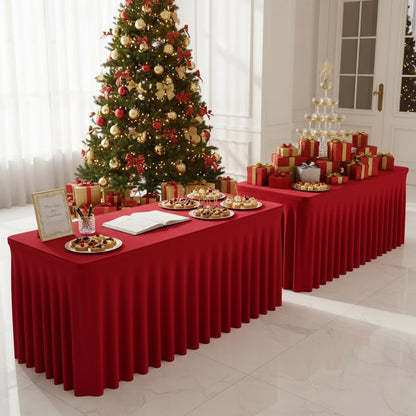 HolidayIdeas 2 Pack Spandex Table Skirt for 6 Ft Rectangle Tables, Black Fitted Stretch Tablecloth 30 x 72 Inch, Wrinkle Resistant Ruffle Design for Wedding Banquets, Trade Shows, Parties